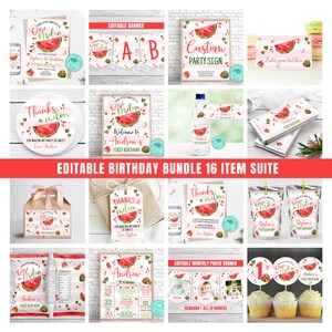 EDITABLE Watermelon Birthday Invitation And Bundle Red Watermelon Party Package Decorations One in a Melon Party Package 0118