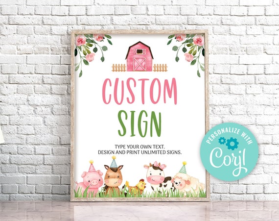 EDITABLE Farm Birthday Table Sign, Custom Farm Animals Sign. Pink Farm Birthday Party Sign Template, Girl Barnyard Birthday Decorations 0106