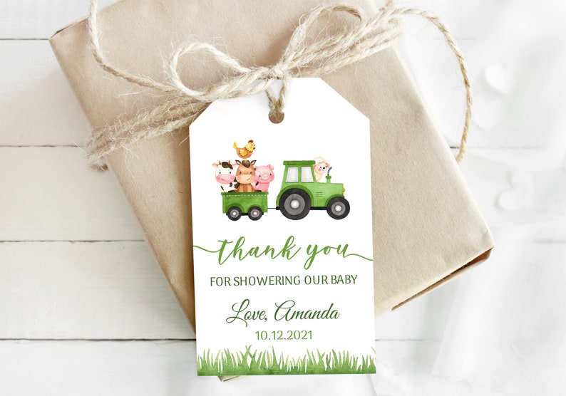 EDITABLE Farm Baby Shower Favor Tag Green Farm Tractor Baby Shower Gift ...
