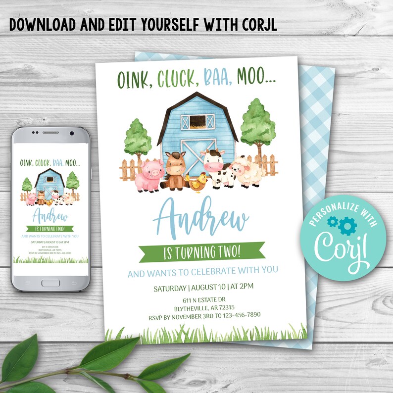 Editable Farm Birthday Invitation Blue Farm Animals Birthday Invite Boy ...