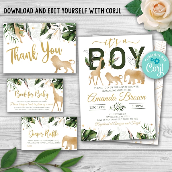 Editable Gold Animals Baby Shower Invitation Set. Safari Baby Shower Invitation Pack, Jungle Animals It's a Boy Baby Shower Wild Animal 0101