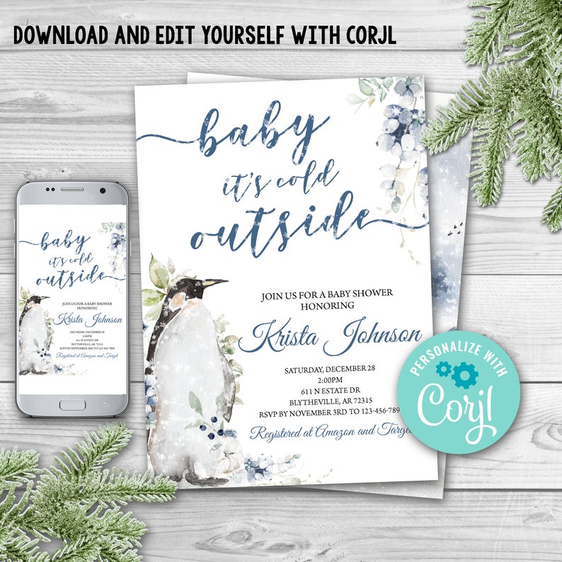 Woodland Animals Baby Shower Invite, Baby It's Cold Outside Invitation, Editable Winter Baby Shower, Winter Woodland Invitation image 1