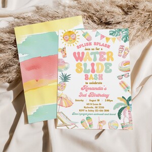 May include: A colorful invitation for a water slide bash to celebrate a 3rd birthday. The invitation features a watercolor background with a sun, palm trees, and other summer-themed illustrations. The text reads "Splish Splash Join us for a Water Slide Bash to celebrate Amanda's 3rd Birthday Saturday August 10 2:00pm 611 N Estate Dr Blytheville, AR 72315 RSVP Ashley 123-456-7890 Don't forget your swimsuit and towel"