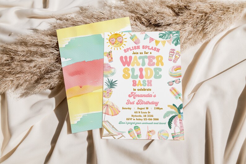May include: A colorful invitation for a water slide bash to celebrate a 3rd birthday. The invitation features a watercolor background with a sun, palm trees, and other summer-themed illustrations. The text reads "Splish Splash Join us for a Water Slide Bash to celebrate Amanda's 3rd Birthday Saturday August 10 2:00pm 611 N Estate Dr Blytheville, AR 72315 RSVP Ashley 123-456-7890 Don't forget your swimsuit and towel"