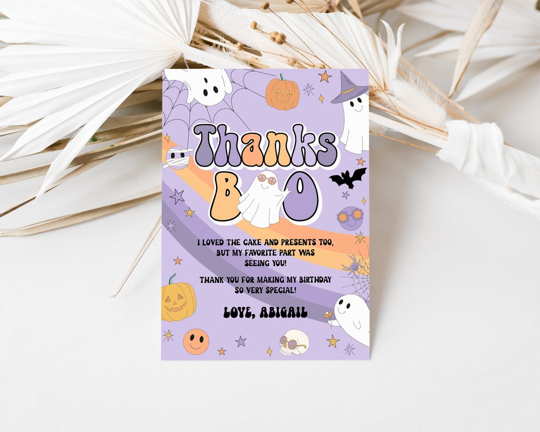 Editable Spooky Halloween Thank You Card Purple Retro Groovy Rainbow ...