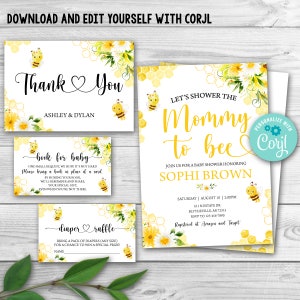 Bewerkbare Bee baby shower uitnodiging set mama tot Bee gele bloemen baby shower uitnodiging Pack Honey Bee genderneutrale baby shower set 0148