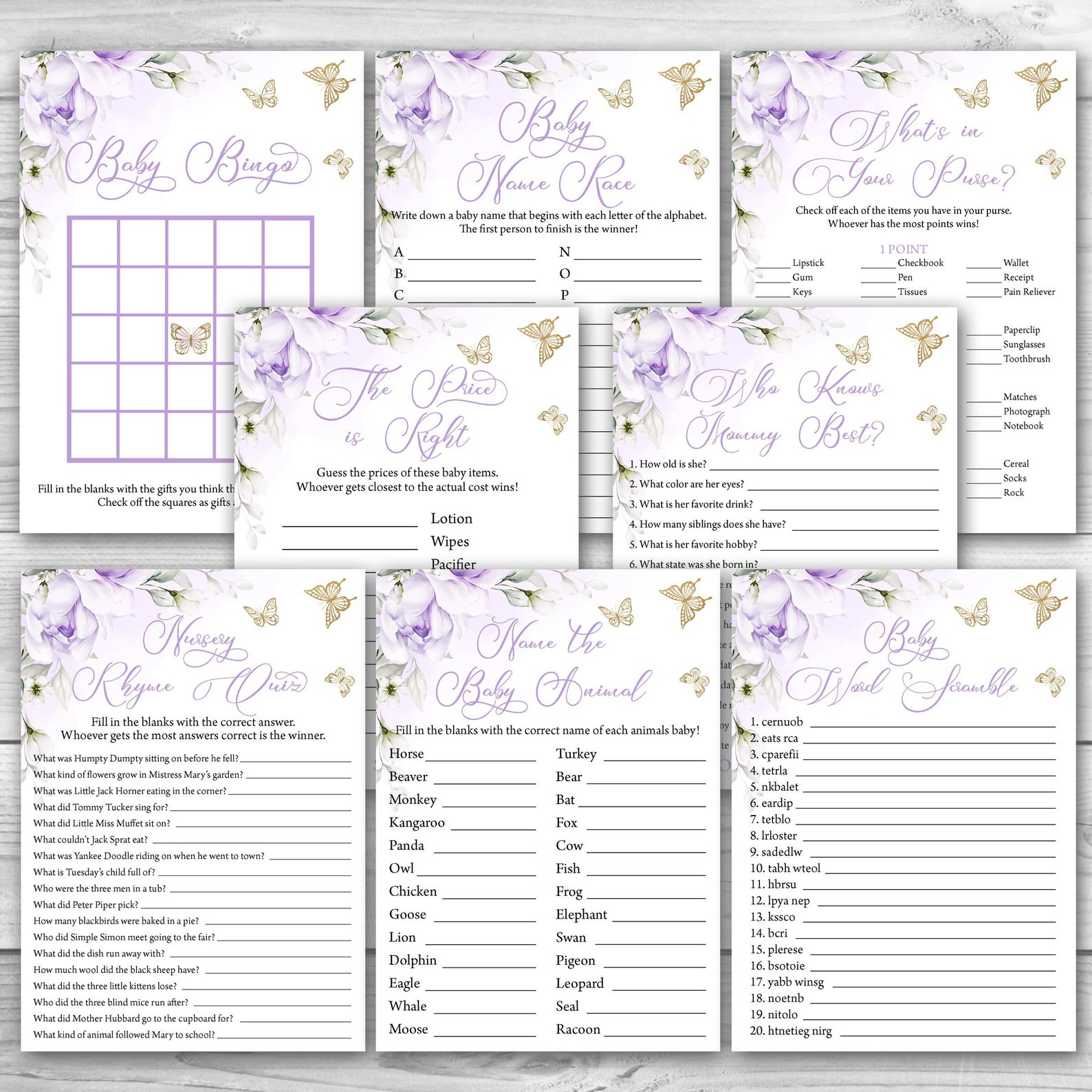 Butterfly Baby Shower Game Package 8 Printable Purple Gold - Etsy