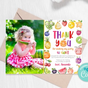 Tarjeta de agradecimiento de cumpleaños editable Two-tti Frutti Cumpleaños de frutas Gracias Tutti Frutti Fruta tropical Verano Cumpleaños Chica Fiesta de frutas 0230