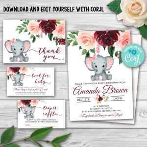 EDITABLE Elephant Baby Shower Invitation Set. Elephant Baby Shower Invitation Girl Set Package. Marsala and Pink Baby Shower pack 0167