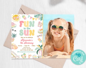 Editable Fun In The Sun Birthday Party Invitation Pool Party Birthday Invitation Girly Splash Pad Water Slide Paddling Pool Birthday 0228