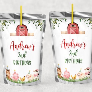 EDITABLE Farm Animals Juice Labels Farm Juice Pouch Labels Red Farm Juice Label Barnyard Party Red Farm Juice Labels 0106