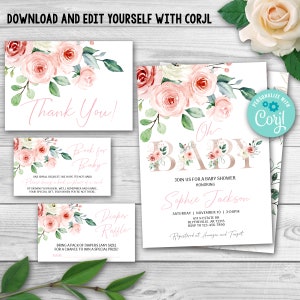 EDITABLE Pink Floral Baby Shower Set, Blush Pink Baby Shower Invitation Girl Package, Blush Floral Baby Shower Pack, Girl Baby Shower 0127