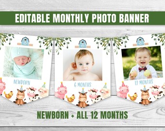 Editable Farm Birthday Banner Monthly Photo Banner Farm Animal Garland Barnyard Blue Boy Photo Banner Blue Farm Party Decor 0106