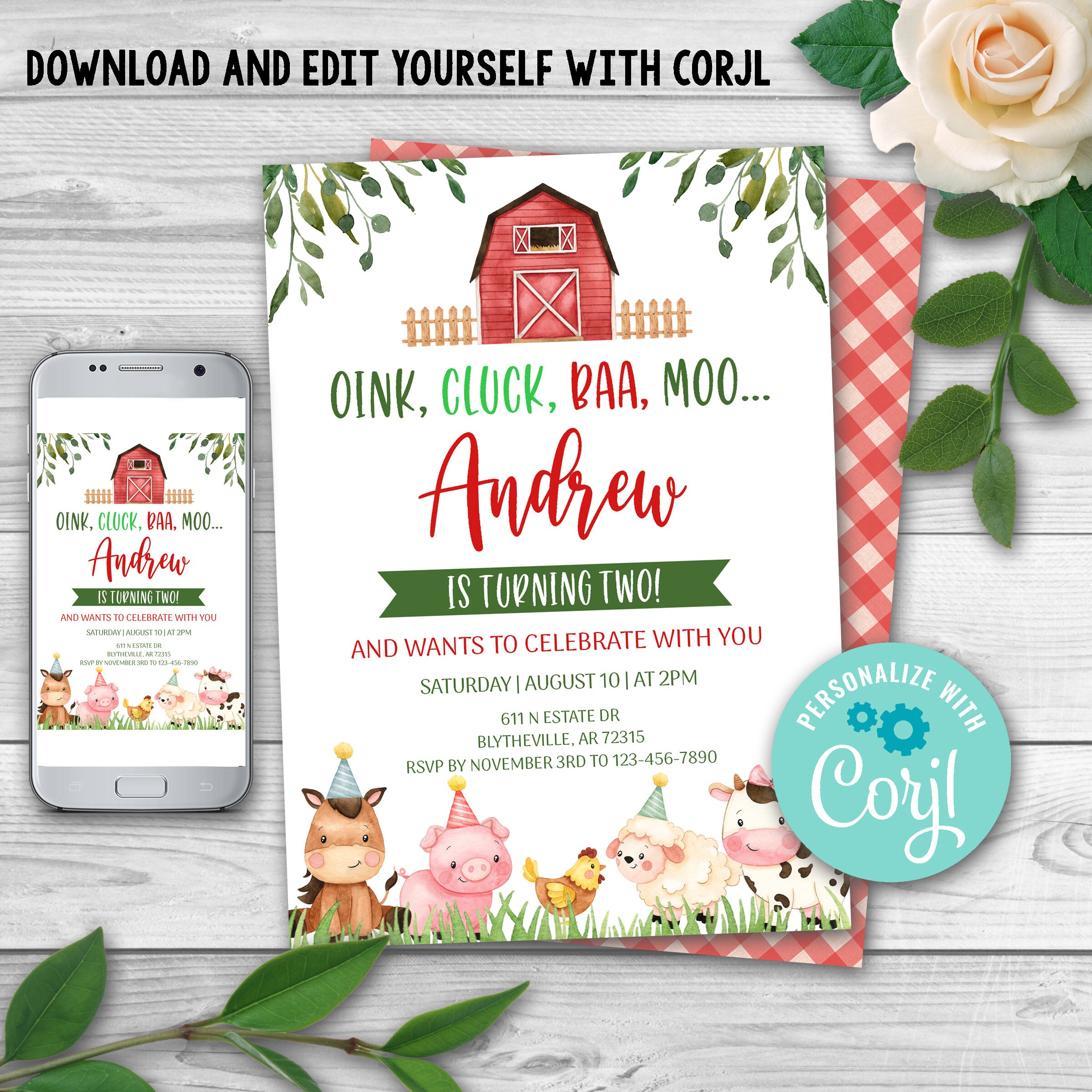 Editable Farm Birthday Invitation. Red Farm Animals Birthday Invite ...