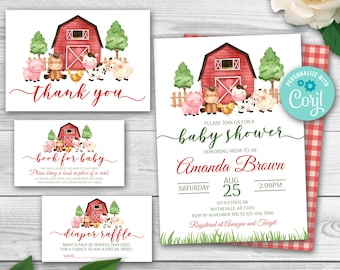 Editable Farm Animal Baby Shower Invitation Set, Red Farm Baby Shower Invitation Pack, Barnyard Gender Neutral Baby Shower Template. 0106