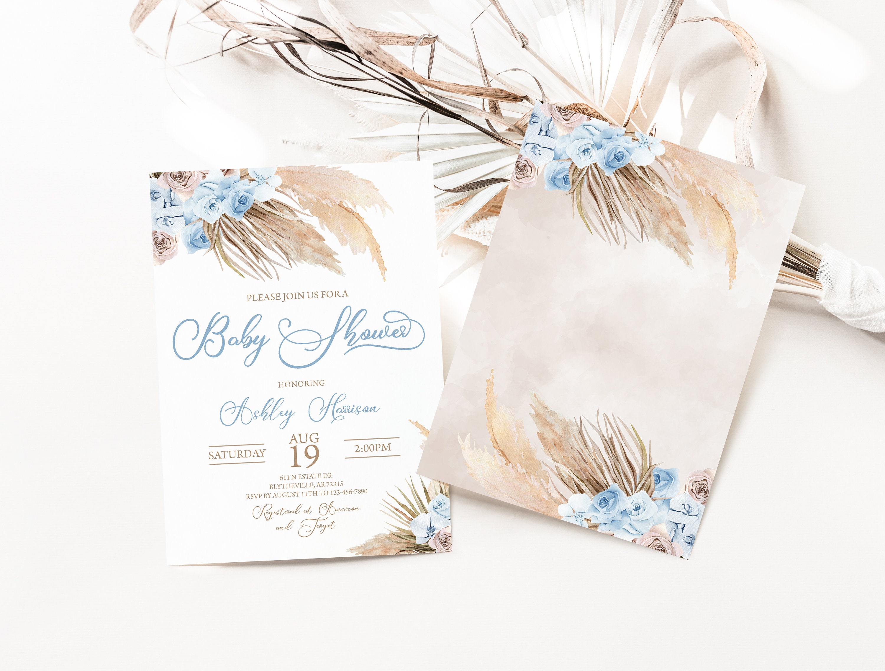 EDITABLE Blue Pampas Grass Baby Shower Invitation Boy Boho Baby Shower ...