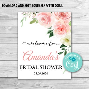 Editable Blush Floral Bridal Shower Welcome sign. Bridal Shower Template. Bridal Welcome Sign Template. Printable Wedding Sign 0104