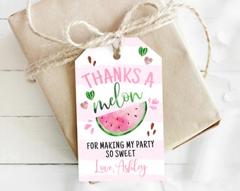 Peut inclure: Une étiquette cadeau sur le thème de la pastèque. Le texte "THANKS A melon" est en rose et vert, avec une illustration de tranche de pastèque. L'étiquette est attachée à un cadeau emballé avec de la ficelle.