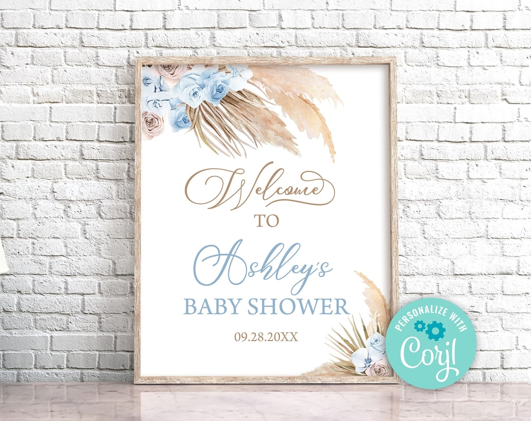 Editable Blue Pampas Grass Baby Shower Welcome Sign Boho Tropical ...
