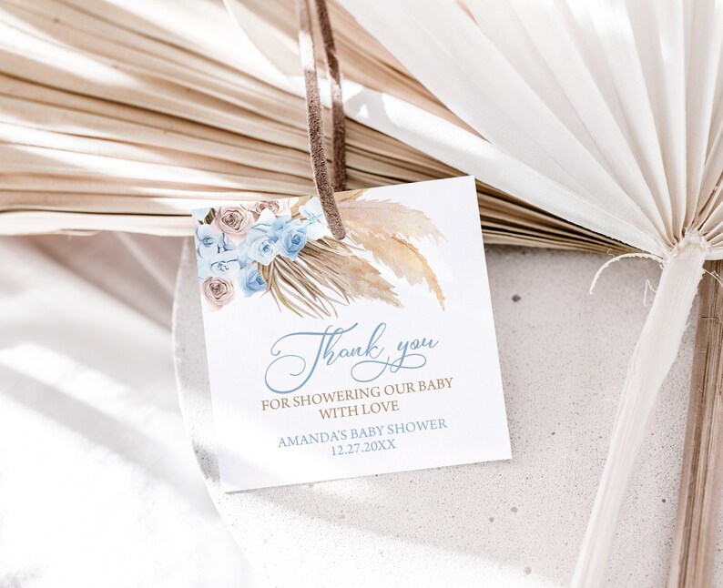EDITABLE Blue Pampas Grass Baby Shower Favor Tag Bohemian Thank You ...