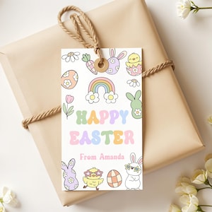 BEWERKBAAR Vrolijk Pasen Pastel Regenboog Konijntje Cadeaukaartje Paasvriendje Leraar Klaskaartje Cadeaukaartje Pasen Paasmand Tags 0245