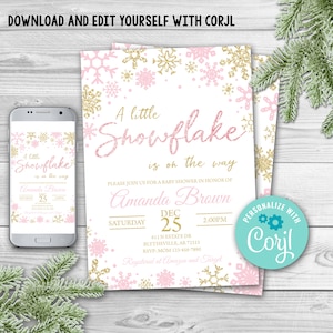 Editable Snowflake Baby Shower Invitation, A little snowflake is on the way Invitation, Winter wonderland Baby Shower, Girl Baby Shower 0103