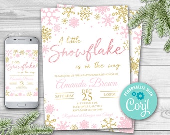 Editable Snowflake Baby Shower Invitation, A little snowflake is on the way Invitation, Winter wonderland Baby Shower, Girl Baby Shower 0103