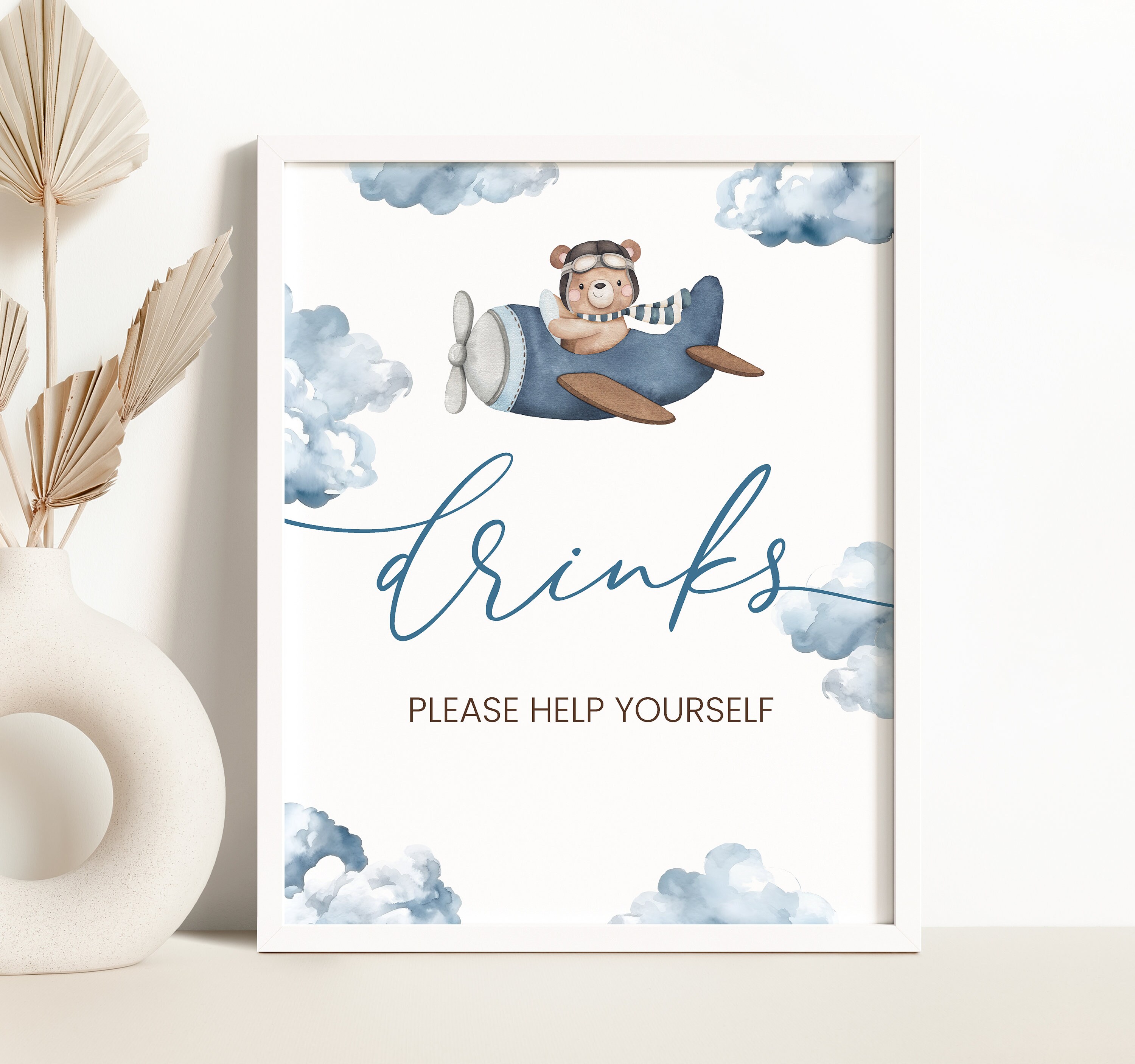 Airplane Bear Drinks Sign Bear on a Plane We Can Bearly Wait Baby Shower Drinks Sign Blue Airplane Fly High Aviator Baby Shower 0209