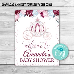 Editable Princess Baby Shower Welcome sign Princess Welcome sign. Girl Baby Shower Sign Template Pink and Silver Princess Welcome sign 0159