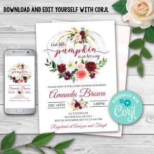 EDITABLE Burgundy Fall Baby Shower Invitation Little Pumpkin Baby Shower Invitation Pumpkin Invitation Pumpkin Girl Baby Shower 0155