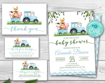 Editable granja animal bebé ducha invitación conjunto azul granja bebé ducha invitación paquete niño corral bebé ducha granja tractor paquete 0226