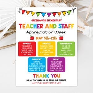 Editable Teacher Appreciation Week Itinerary Poster Teachers Staff Appreciation Week Event Flyer Printable Instant Digital Download 0246