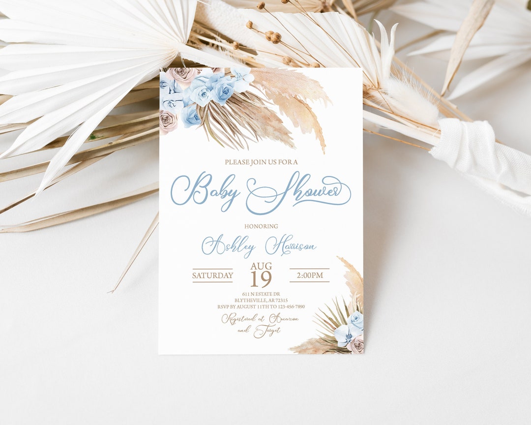 EDITABLE Blue Pampas Grass Baby Shower Invitation Boy Boho Baby Shower ...
