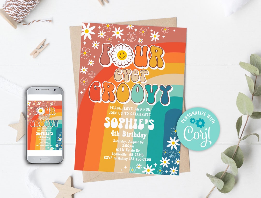 Editable Four Ever Groovy Birthday Party Invitation Daisy Hippie 70's ...