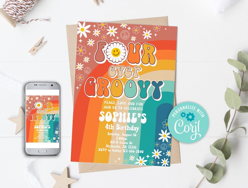 Editable Four Ever Groovy Birthday Party Invitation Daisy | Etsy