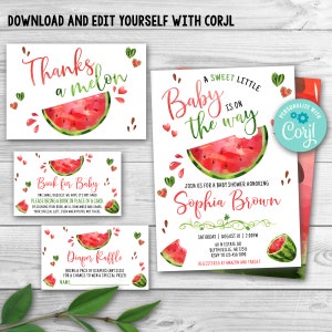 Editable Watermelon Baby Shower Invitation Set, Red Watermelon Baby Shower Invitation Pack, Melon Gender Neutral Baby Shower Template 0118