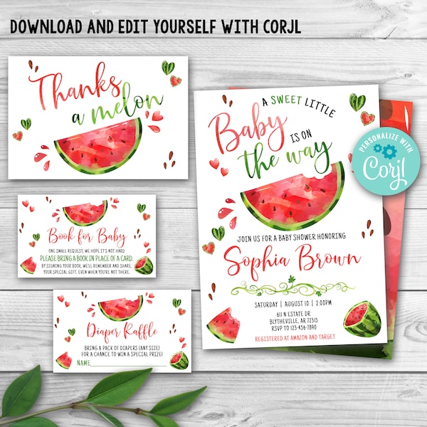 Editable Watermelon Baby Shower Invitation Set, Red Watermelon Baby Shower Invitation Pack, Melon Gender Neutral Baby Shower Template 0118