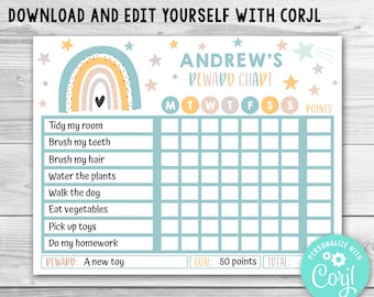 Tableau de récompenses arc-en-ciel modifiable pour enfants (téléchargement numérique)