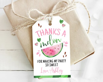 Peut inclure: Etiquette de remerciement blanche avec une illustration de pastèque et le texte "Thanks a melon for making my party so sweet Love, Ashley".