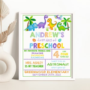 Editable First Day of Preschool Sign, Dinosaur First Day of School Sign, Chalkboard T-Rex First Day Of Preschool Sign Instant Download