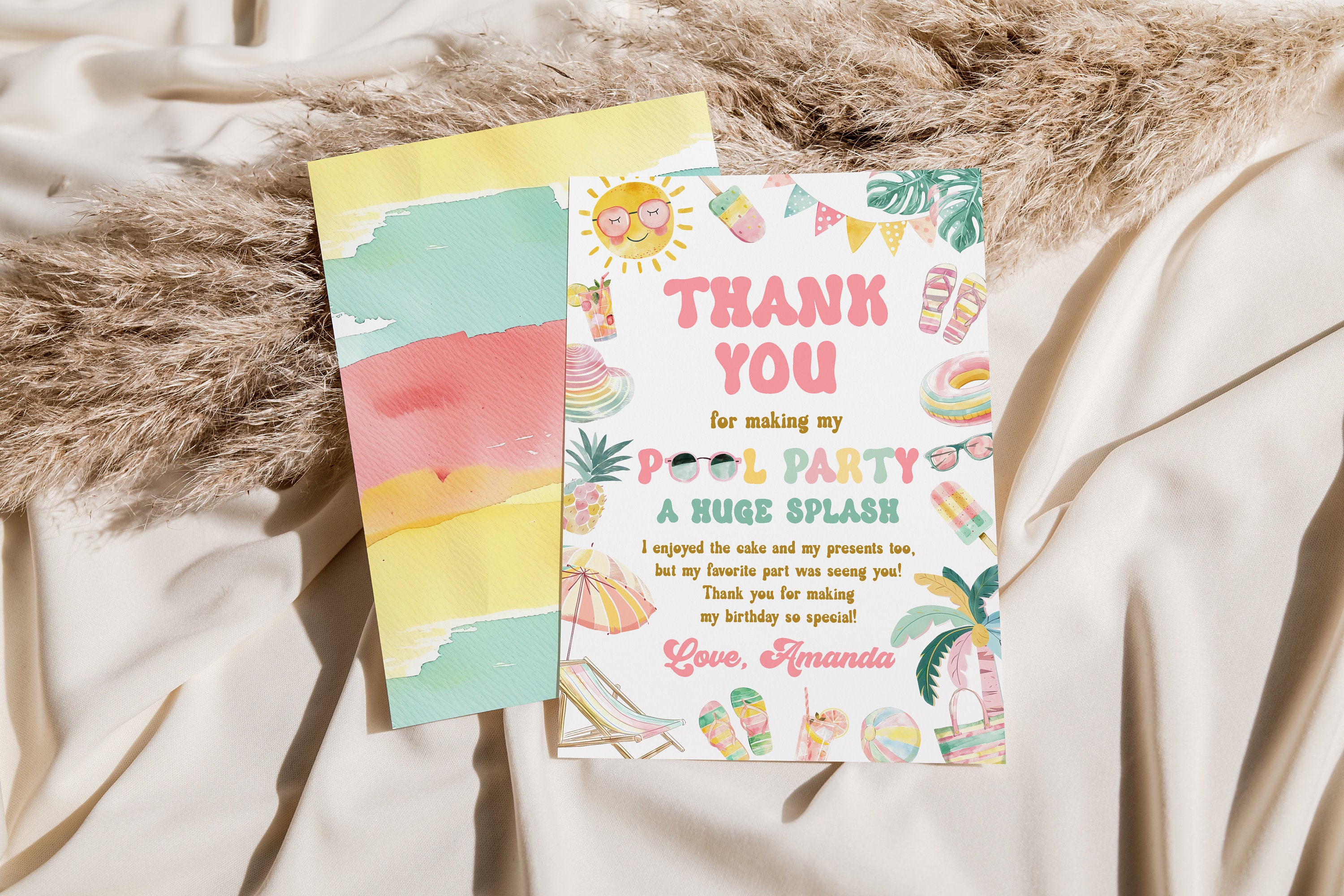 Editable Pool Party Thank You Card Tropical Splish Splash Pool Party ...