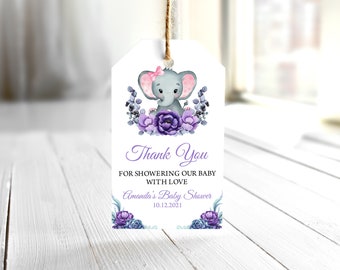 EDITABLE Girl Elephant Baby Shower Favor Tag Printable Purple - Etsy