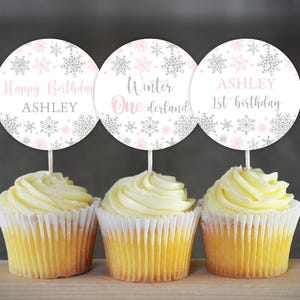 EDITABLE Winter Onederland Birthday Cupcake Toppers Snowflake Cake Topper Decorations Pink Silver Snowflakes Cupcake Toppers 0187