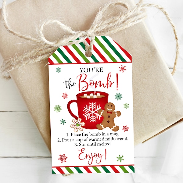 Hot Cocoa Bomb Tags, Hot Chocolate Bomb Instructions Favor Tag Hot Chocolate Bomb Stickers Cookies and Cocoa Christmas You're The Bomb 0134