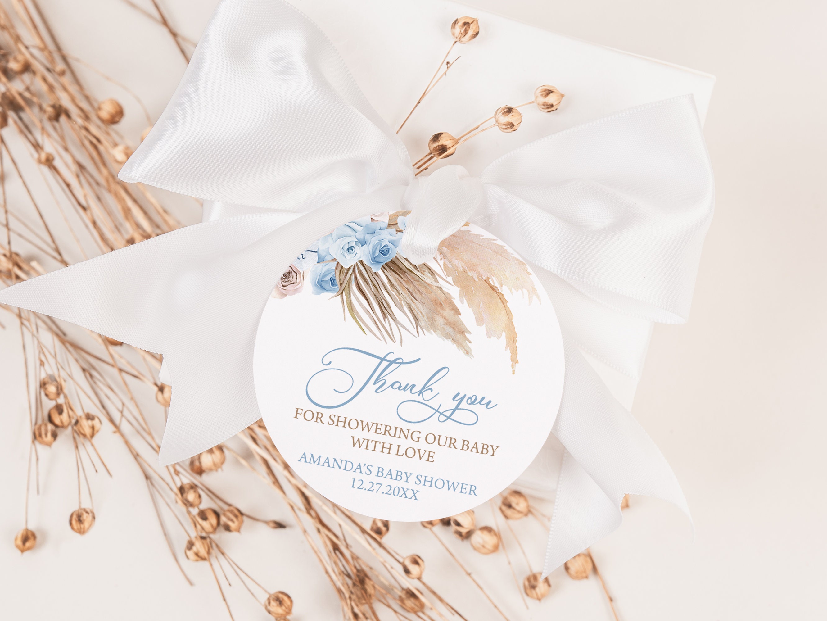 EDITABLE Blue Pampas Grass Baby Shower Favor Tag Bohemian Thank You ...