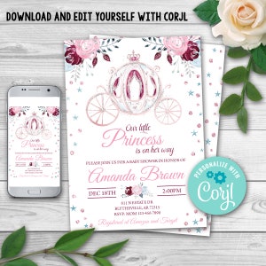 EDITABLE Princess Invitation Glitter Princess Carriage Baby Shower Invitation Pink Silver Glitter Princess Baby Shower Invite 0159 image 1