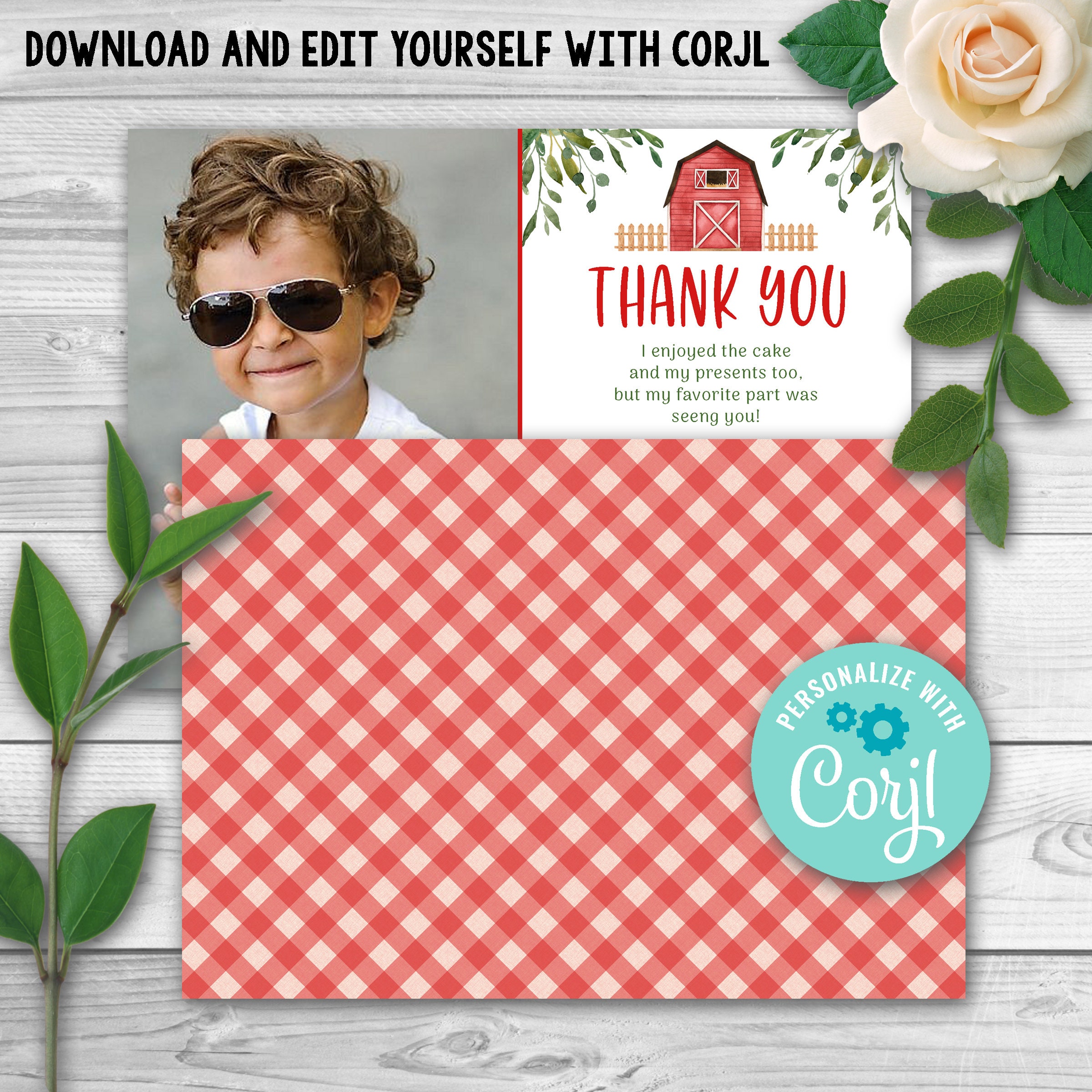 Editable Farm Thank You Card, Red Farm Birthday Party Thank You, Farm ...