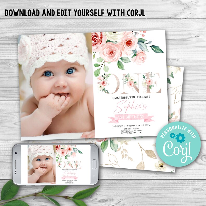 EDITABLE Blush Floral First Birthday Invitation Girl Pink Etsy