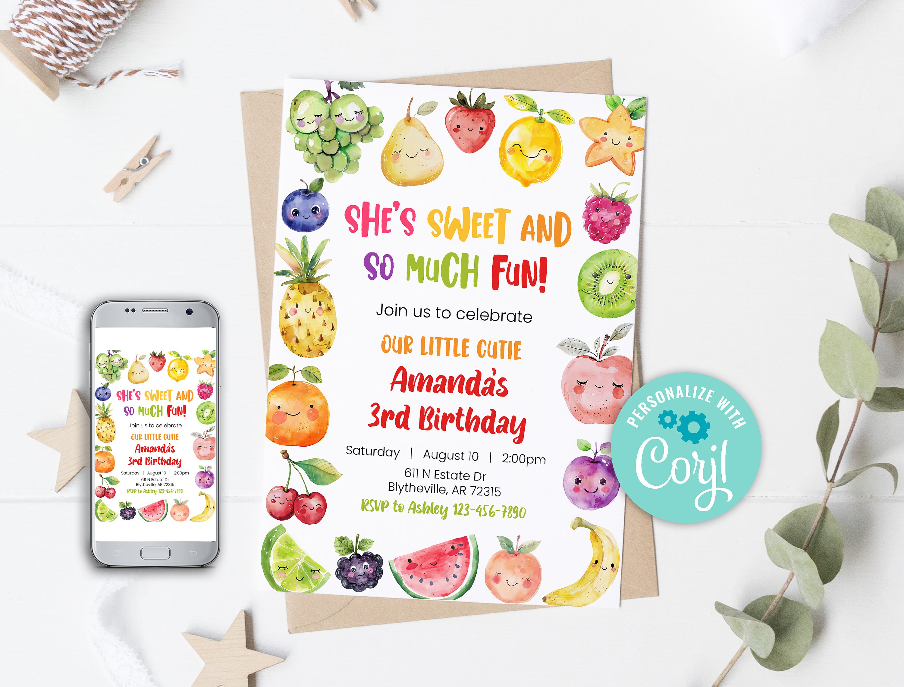 Editable Fruit Birthday Invitation Tutti Frutti Birthday Invitation ...