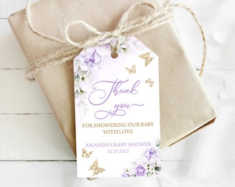 BEWERKBARE vlinder baby shower gunst tag vlinder dank u tags bloemen paars & gouden vlinder aangepaste tags vlinder douche gunsten 0164